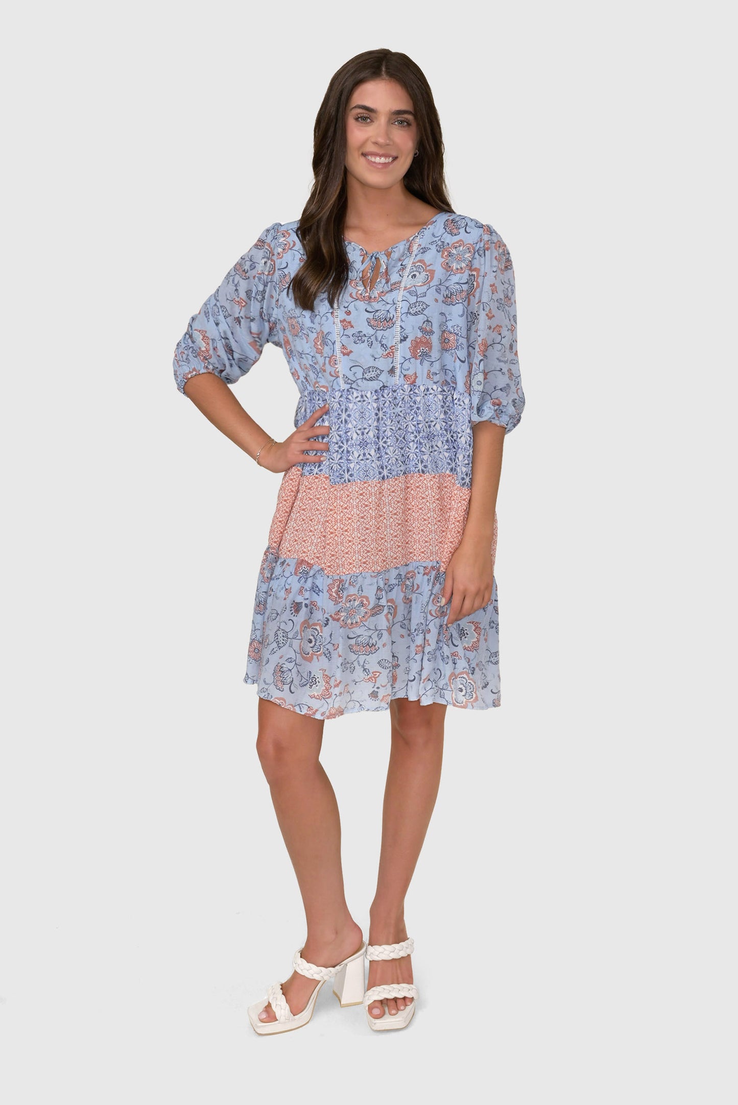 Tiered Puff Sleeve Dress w/ Crochet Trim