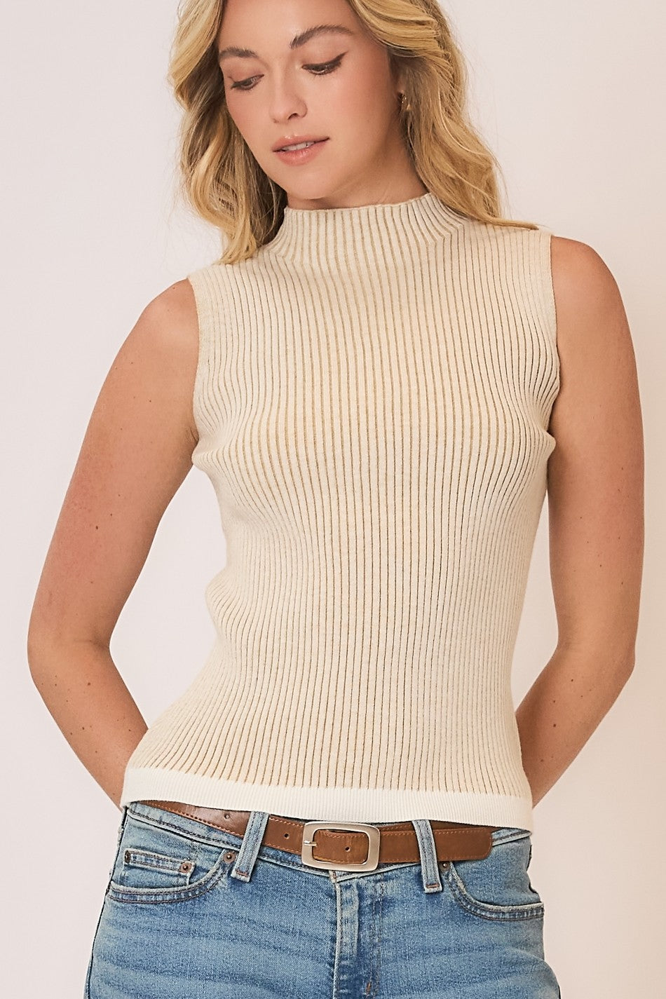 Ribbed Knit Mock Neck Sleeveless Top