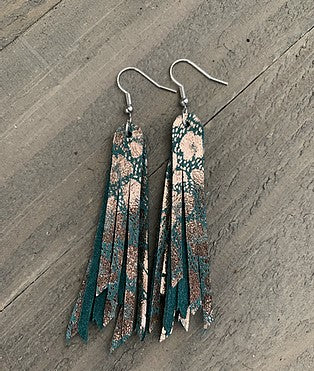 Green Rose Gold Leopard Stacked Fringe Earrings