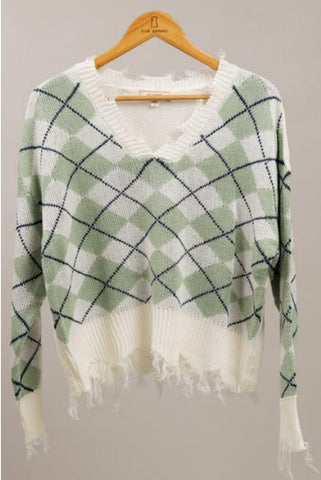 Trendy Argyle Distressed Sweater